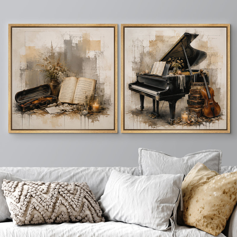 «Vintage Book Grand Piano and Violin With Artistic Musical Elegance», ensemble de 2 reproductions d'art sur toile encadrées