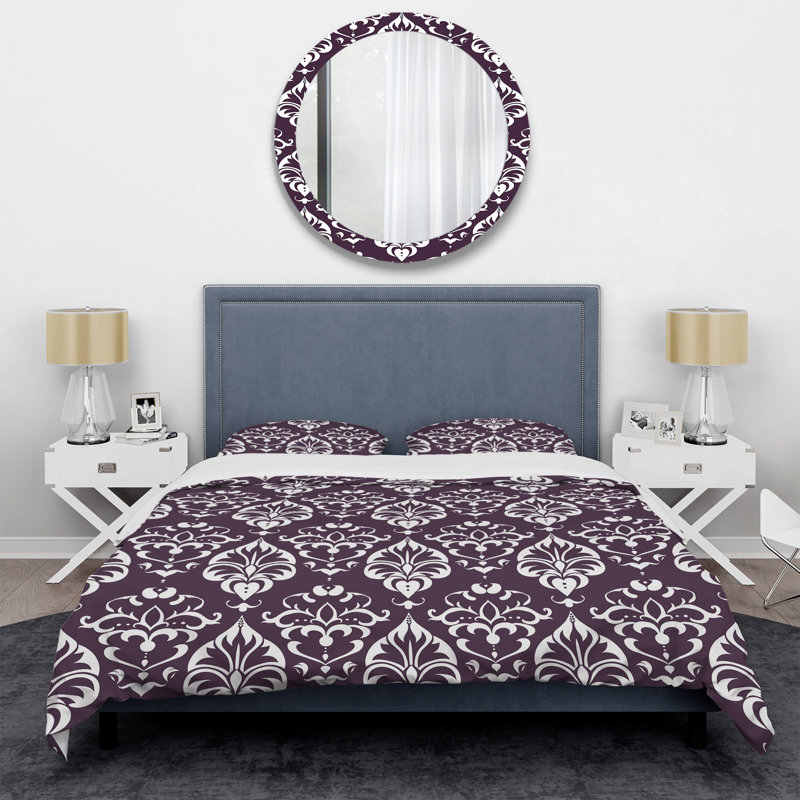 Ensemble de housse de couette moderne mauve blanc damassé Elegance III, Housse de couette simple et deux taies décorative