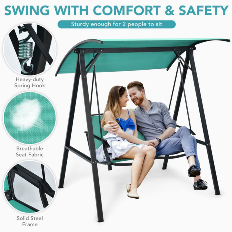 Green 2-Person Steel Frame Patio Swing with Adjustable Canopy