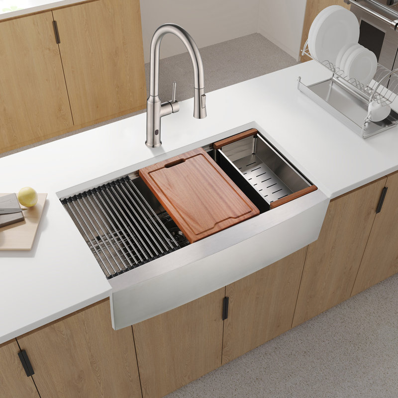 33X22x10"Farmhouse Apron Single Bowl Stainless Steel Kitchen Sink With Workstation, Brushed Nickel