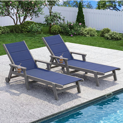 Ensemble de 2 chaises longues d'extérieur pour la piscine, chaise longue de patio en PEHD avec roulettes, méridienne double couche en tissu pour la piscine, bronzage, pelouse