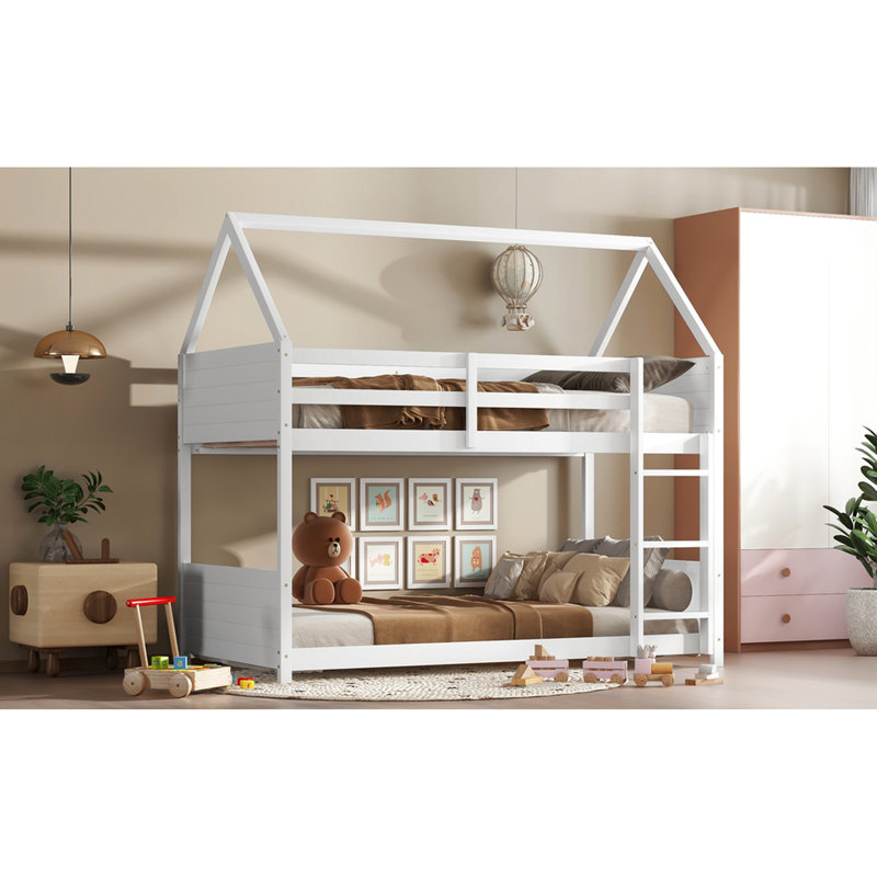 Lit simple superposé au-dessus du plancher, bois d'hévéa blanc avec garde-corps et têtes de lit, Blanc