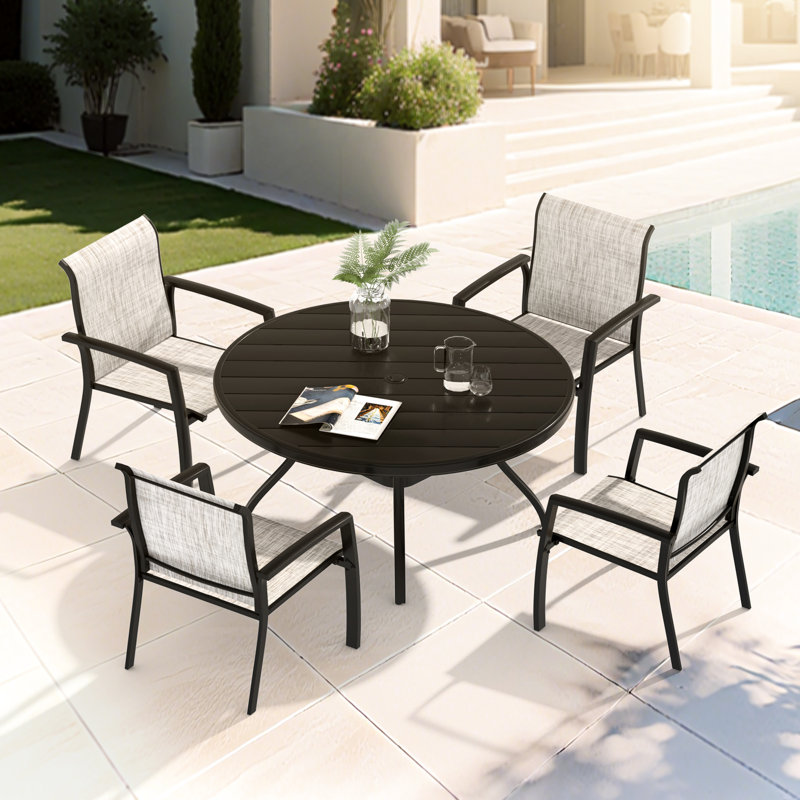 Outdoor Metal Patio Dining With 4 Stackable Chairs, 40.6" Round Table, Seats 4, Modern Style, Black+Grey, Breathable Filler, Ideal For Decks And Gatherings Of 5 Pieces: Chairs Poolside, Weather ,