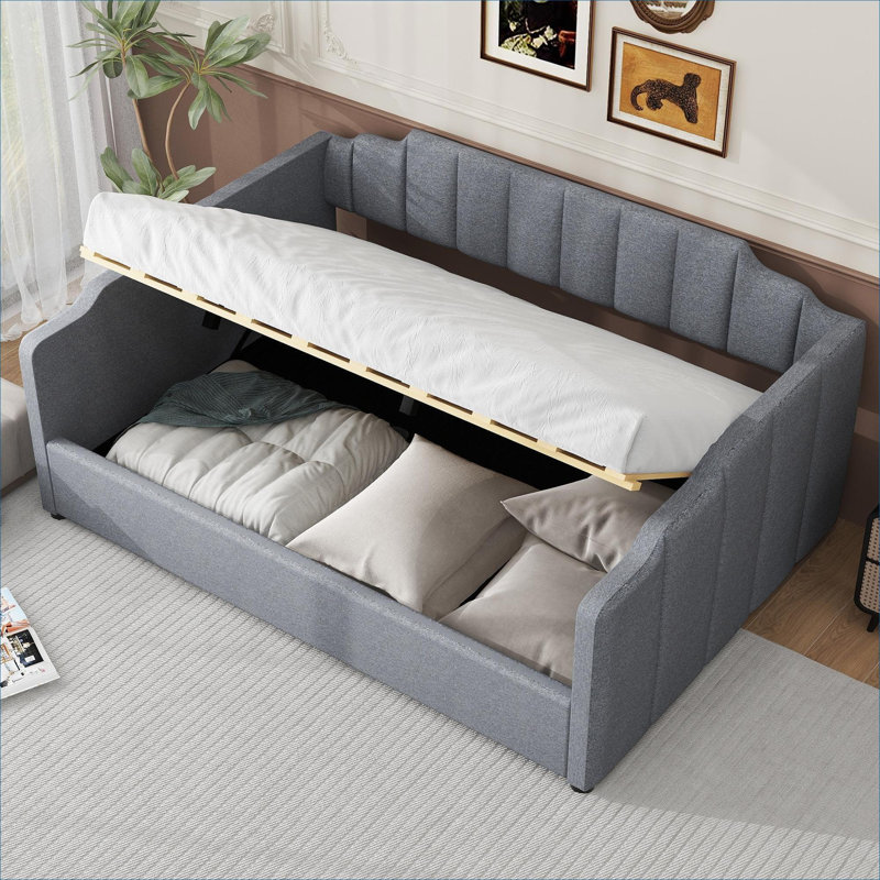 Pour les chambres d'amis et les petits espaces de vie, lit de jour rembourré pleine grandeur moderne avec rangement sous le lit, gris doux