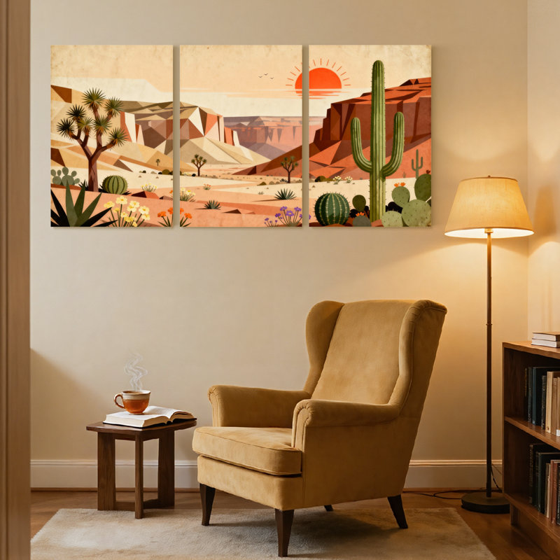 Paysage et nature, paysage désertique avec cactus et coucher de soleil, ensemble de 3 impressions sur toile