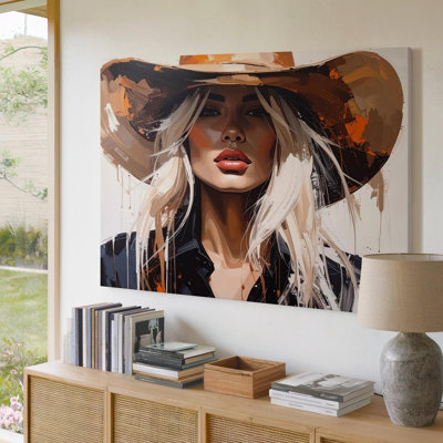 Abstract Western Woman Canvasbold Portrait In Cowboy Hat And Expressive Canvas Wall Art Ready To Hang Gallery Wrapped Home Decor Decor