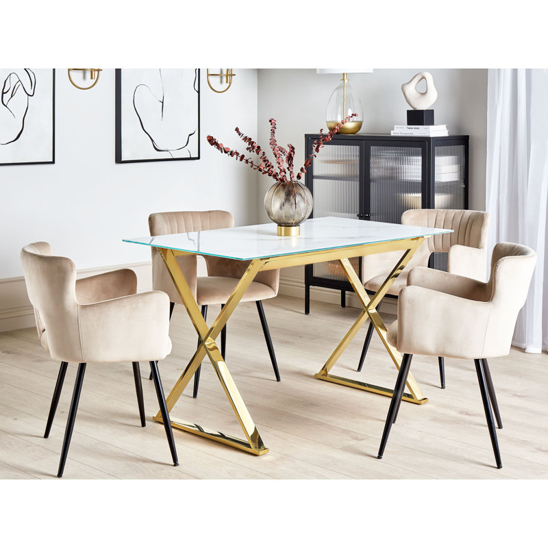 Chateaugay Glass Top Metal Base Dining Table, Black/White, Gold
