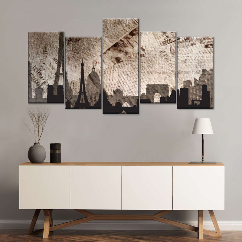 «Paris City Paris», impression sur toile 5 pièces sur toile par Vintage Charm Collective, H 24 po x l 49 po