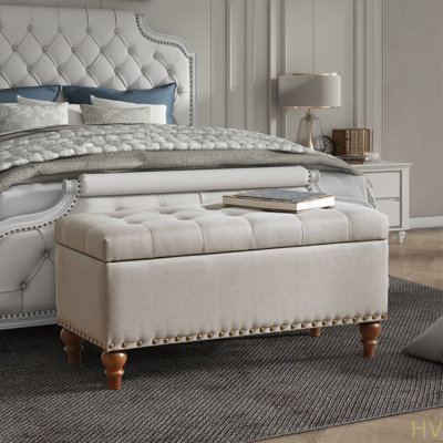 Banc de rangement avec repose-pieds, charnière de support encastrée facile à ouvrir, garniture de rivet, chambre à coucher, entrée, salon, lin