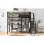 Lit mezzanine double en métal avec garde-robe, bureau, tablettes de rangement, noir