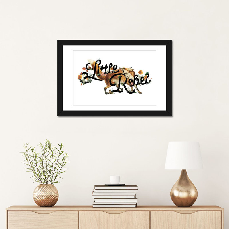 « little rebel fox », art textuel sur toile, H 16 po x l 24 po x P 1 po, Papier d'art encadré noir, Blanc