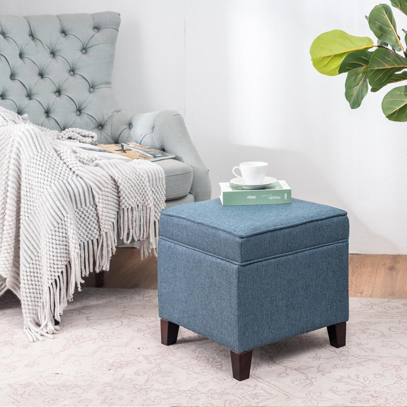 17.5" Square Upholstered Storage Ottoman, Blue Linen Blend