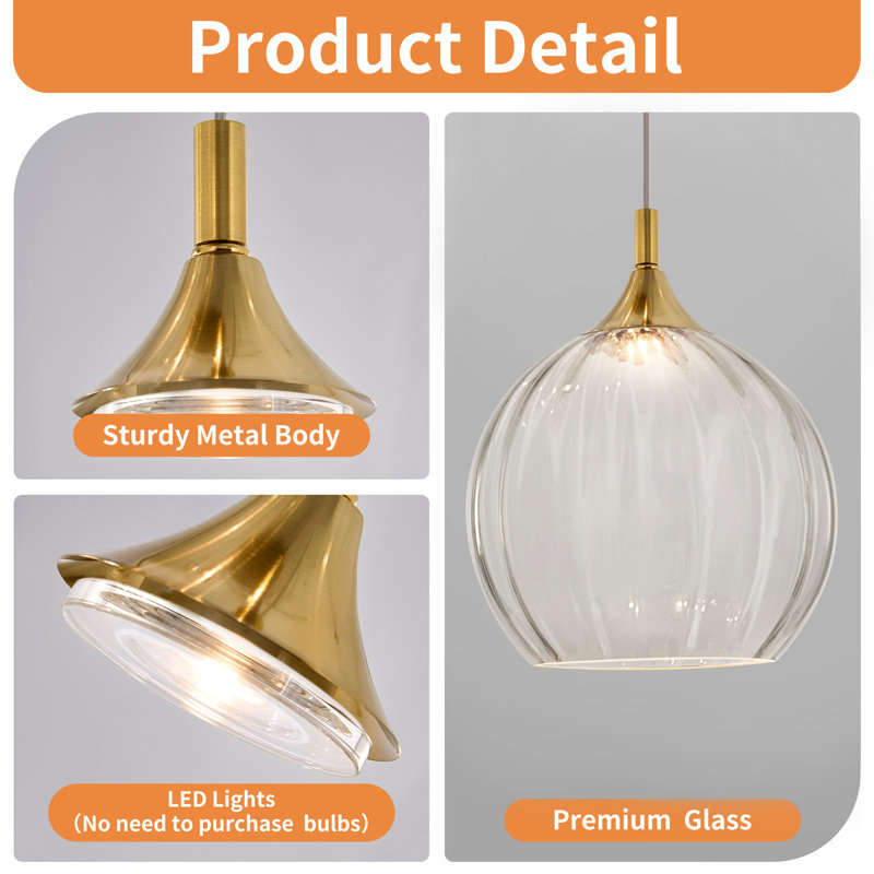 3-Light Cluster Pendant Light Led Chandelier, 3 Lights, Brushed Brass