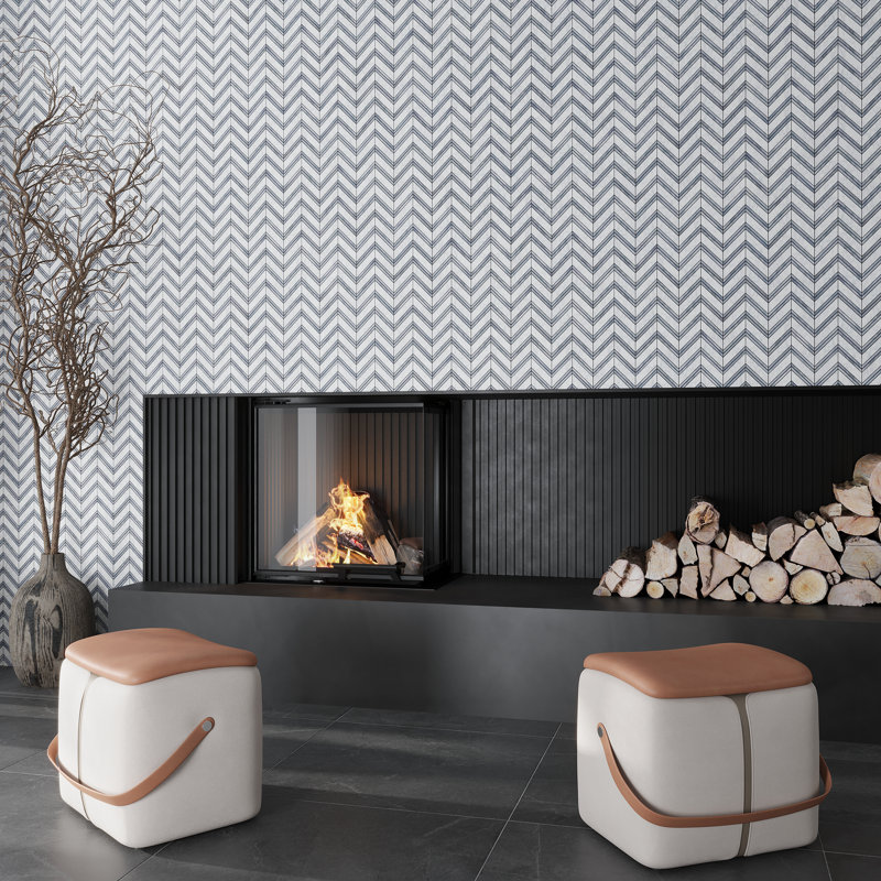 11" X 11.8" Herringbone Marble Polished Tile, Gray/White