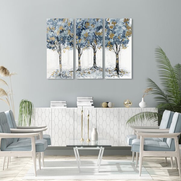 Oliver Gal Pale Blue Golden Forest On Canvas 3 Pieces Painting | Wayfair