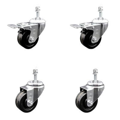 3.5 Inch SS Phenolic Swivel 3/8 Inch Threaded Stem Caster Set 2 Total Lock Brake