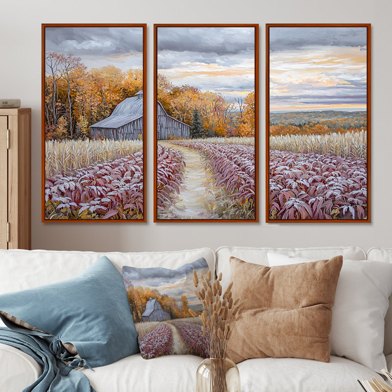 «Orange Farm Landscape Autumn Harvest», ensemble d'art mural de ferme, Toile avec cadre flottant brun