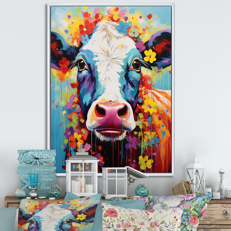Vache fantaisie - art mural, H 32 po x l 24 po x P 1 po, Cadre flottant blanc