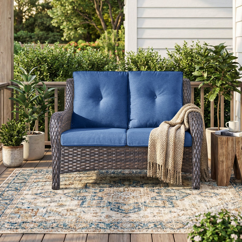 Ambarvale 53'' Wide Straight Wicker Loveseat with Cushions, Blue, Brown