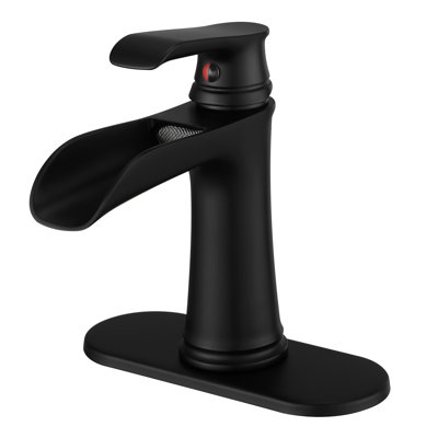 Contemporary Bathroom Waterfall Faucet, Deck Plate Included, Black Matte, Pop Up Drain, Supply Lines, One Handle , Geometric Look, Cartridge Valve Black, Shape, Side Function
