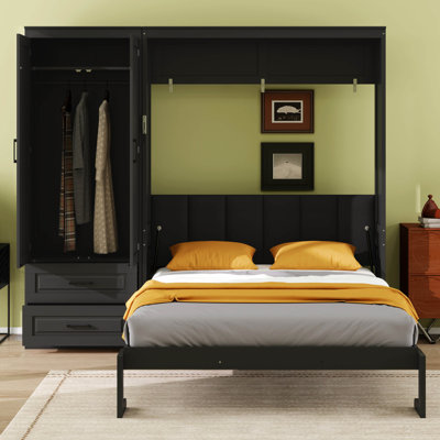 Lit escamotable avec tête de lit tapissier et garde-robe, lit plateforme pliable avec tiroirs pour chambre à coucher, chambre d'amis