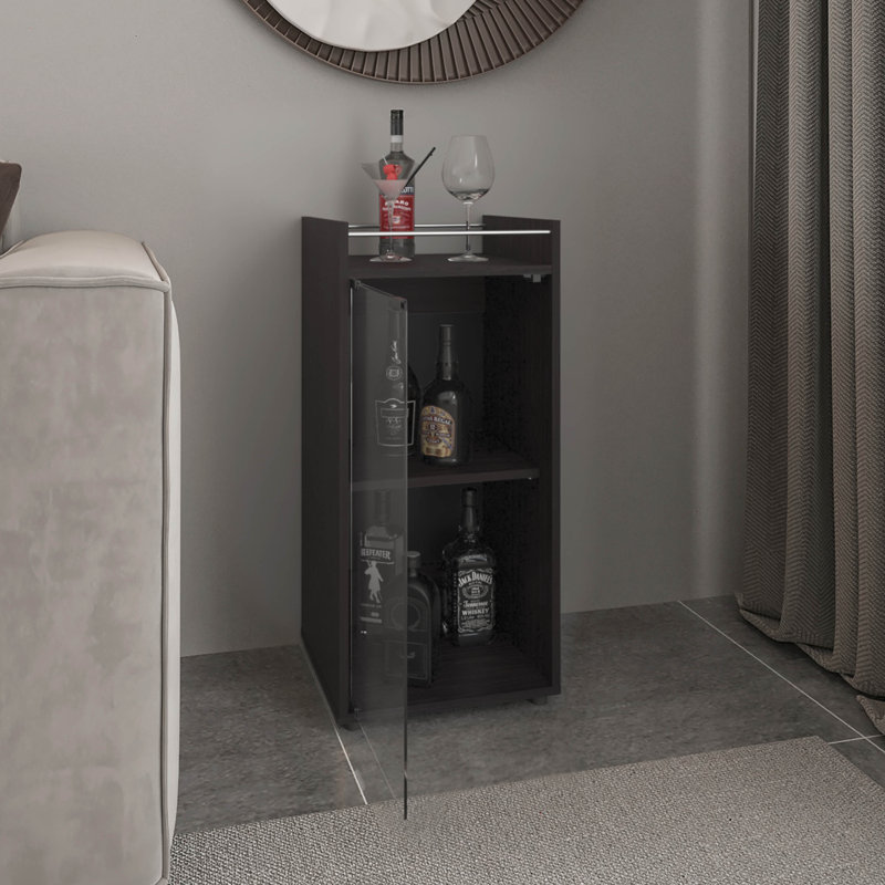 Armoire Minibar 2 portes, tablette ouverte et design, rangement pour bar moderne, noir, 14,8 po x 15 po x 32 po, panneau de fibres à densité moyenne, 1 pièce, armoires, conception compacte avec portes doubles
