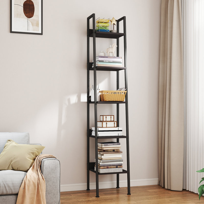 Ladder Bookcase, 5 Tier 13.5" Wide Steel Frame Storage Shelf, Anti-Tip, Dark Gray