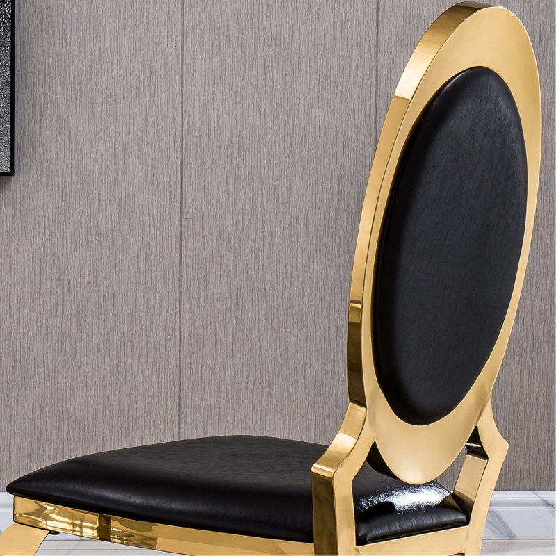 Ensemble de 2 chaises élégantes en similicuir avec dossier ovale et pieds en acier inoxydable, Noir, Doré