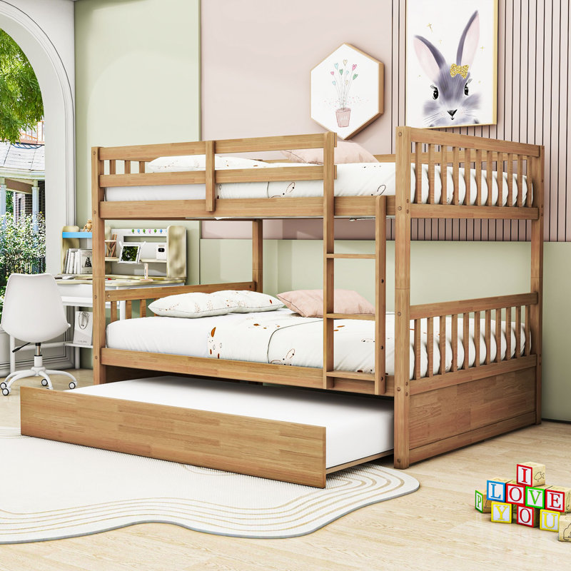 Kelsa Full Over Full Wooden Bunk Bed With Built-In Trundle, Ladder And Safety Guardrails, White Oak