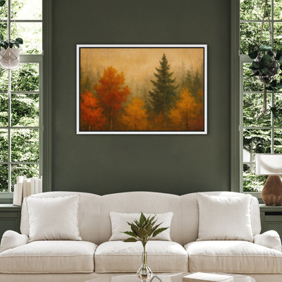 Golden and Amber Autumn Trees Misty Forest Landscape – Pictures Framed Canvas Print Wall Art