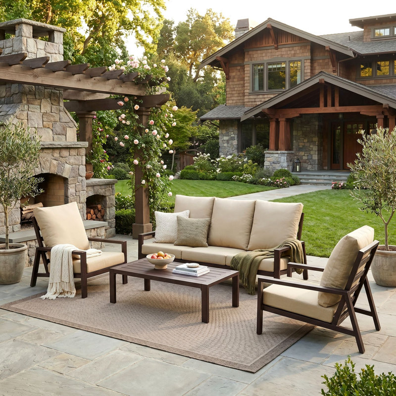 5-Person Aluminum Outdoor Conversation Set With Wood-Grain Finish & Ottoman, Aluminum Patio Furniture Set, 5-person Outdoor Sectional Sofa With Coffee Table