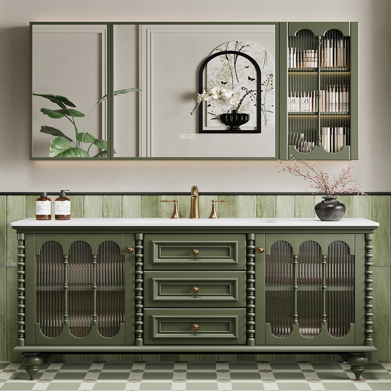 Armoire de salle de bain de style français rétro, Vert, H 32,28 po x l 70,87 po x P 21,65 po