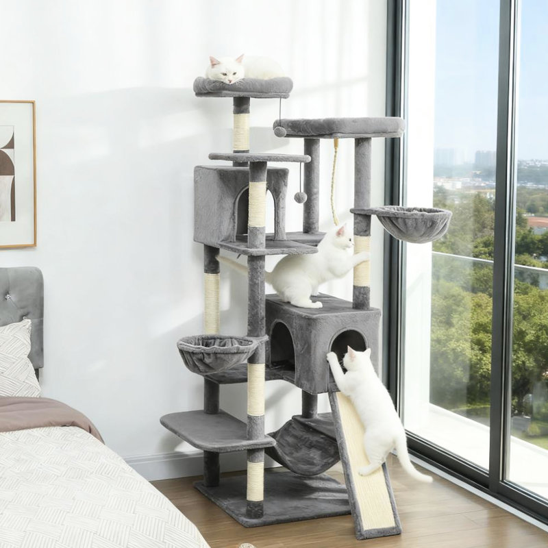 Tour pour chat multi-niveaux 69 "avec deux condos et trois hamacs pour le plaisir félin - Stable base sangle de sécurité Options de grattage - Plateforme couverte Détente