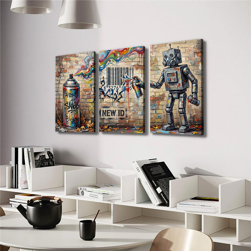 Robot Graffiti jet de brique Wall Street Art, ensemble de 3 impressions sur toile, 28 * 40 pouces * 3