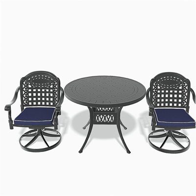 Ensemble de salle à manger 3 pièces en aluminium coulé toutes saisons comprenant 2 chaises pivotantes et une table ronde de 39,37 po avec structure noire