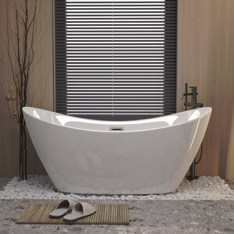 Baignoire autoportante 59 po en acrylique blanc brillant avec trop-plein chromé et bonde escamotable