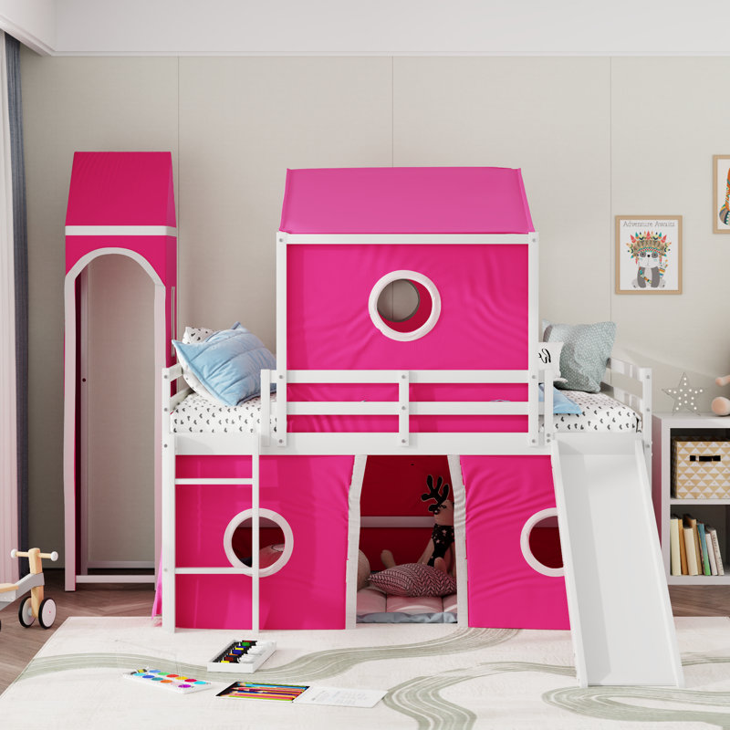 Lit mezzanine double avec tente coulissante et tour, Rose