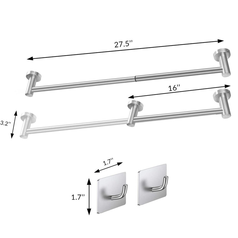 Porte-serviettes de salle de bain simple réglable 2 pièces, porte-serviettes de salle de bain en acier inoxydable Sus304 inclus 2 * crochets