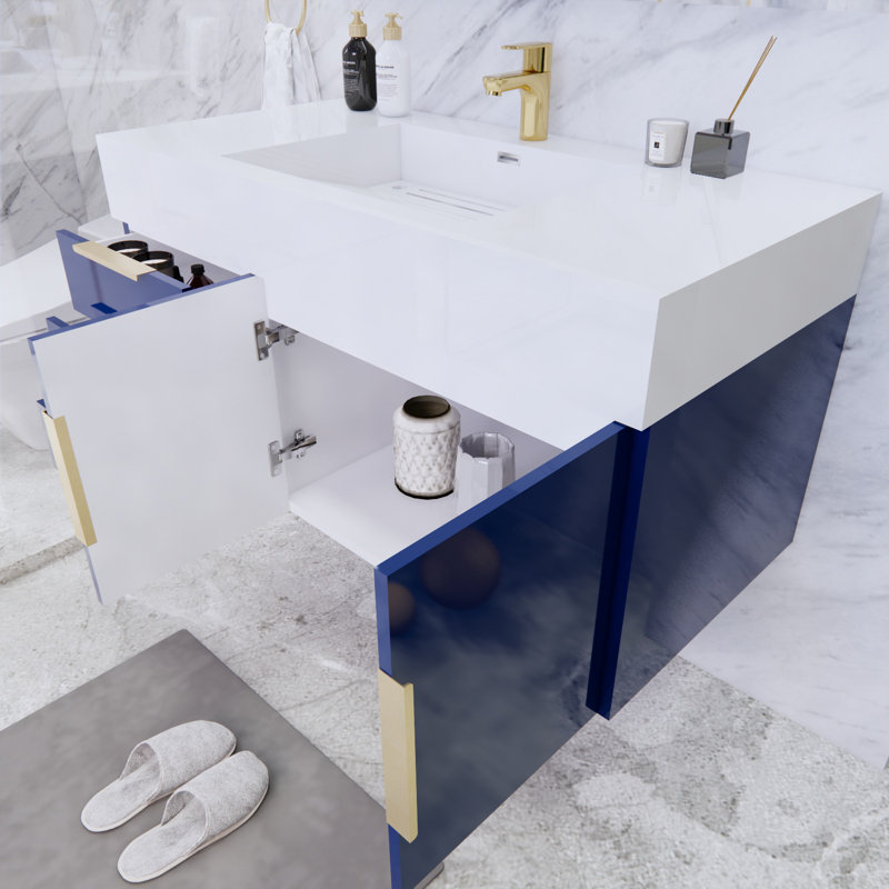Ensemble de meuble-lavabo simple mural 42 po Glasgow, Blanc, Bleu nuit ultrabrillant