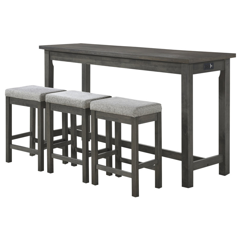 Table de salle à manger à hauteur de comptoir en gris - table 4 pièces avec 3 tabourets intégrés