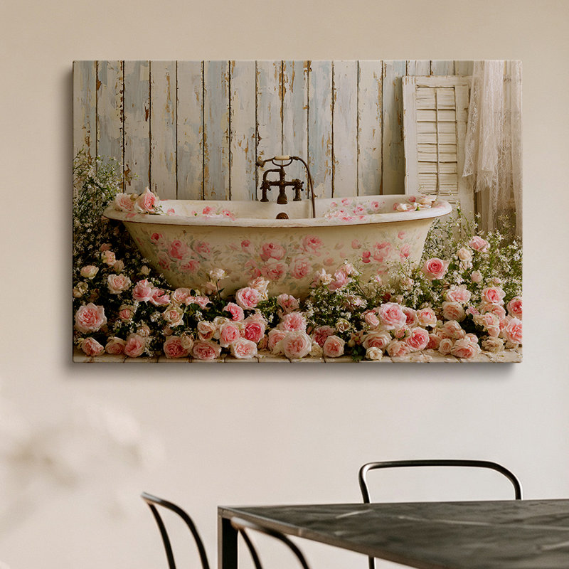 Tableau 2D sur toile, style shabby chic romantique, motif floral, baignoire, 101,6 x 76,2 cm (40 x 30 pouces) - Décoration de salon