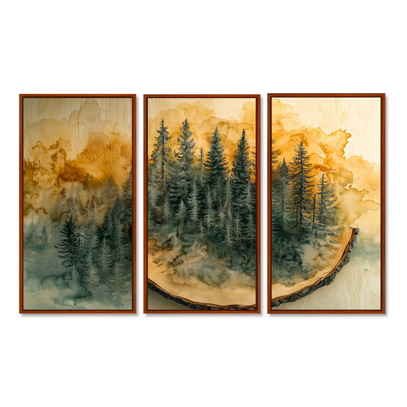 Forêt d'été sur la glissoire en bois III - Art mural encadré forêt - ensemble de 3, 28" H x 36" W, Brun