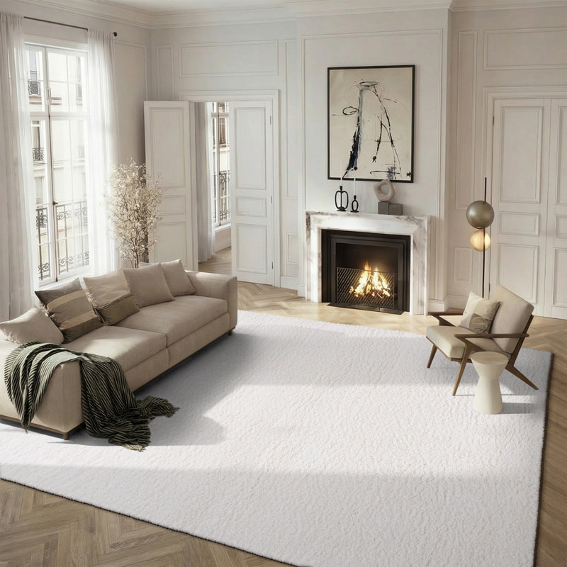 Tapis performance à poil long de couleur unie Vandoren, White, Rectangle 6 pi 7 po x 9 pi 6 po