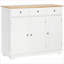 Buffet, armoire de rangement blanche moderne avec plateau en bois d'hévéa massif, 3 tiroirs, 2 portes | Cadre en panneau de fibres à densité moyenne