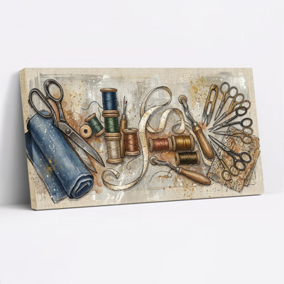 Ensemble de 1 tableau sur toile représentant des outils de couture