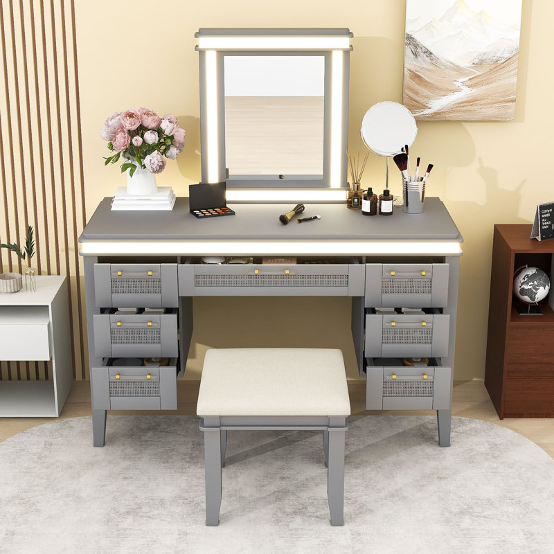 Makeup Vanity Table with 7 Storage Drawers, LED Mirror and Padded Stool, Gray Blue