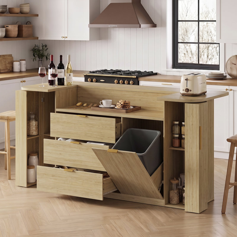Îlot de cuisine de 200 cm (78,7 po) avec 2 armoires et 3 tiroirs, table d'îlot avec rangement pour poubelle, naturel