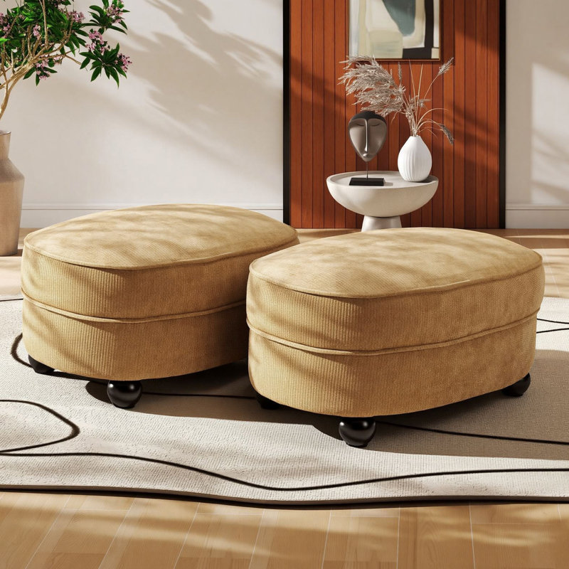 Repose-pieds ovale 30 po en chenille avec pieds ronds en bois massif (ensemble de 2), Jaune