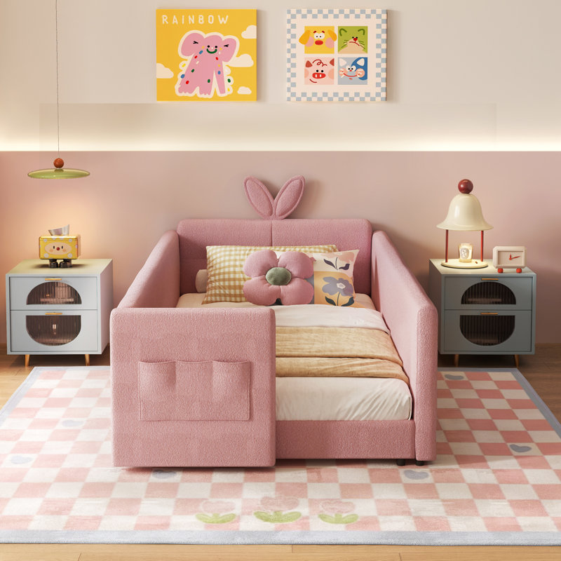 Twin Size Upholstered Platform Bed With Cute Rabbit Ear Shaped Headboard, Safety Rail, And Convenient Storage Pocket, Boucle Fabric – Perfect For Kids' Bedroom