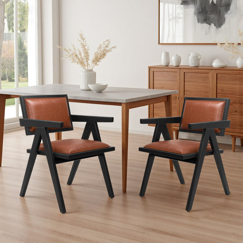 Retro Upholstered Dining Arm Chair Wooden Framed Side Chair, Brown/Black